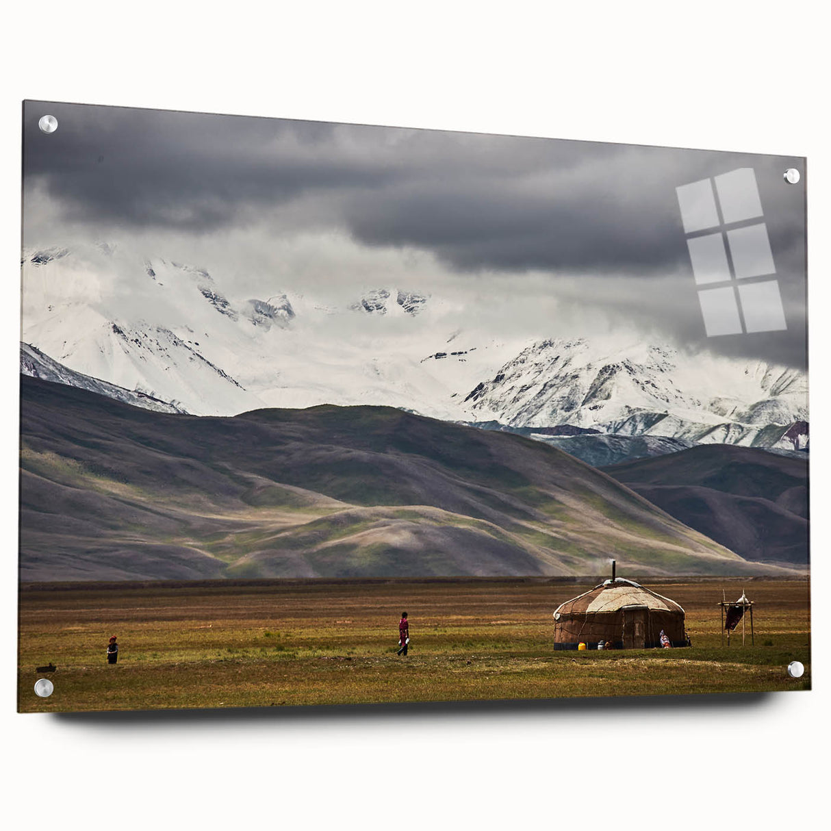 Acrylic print of a large abstract Mongolian landscape in muted earth tones, suitable for dining room decor.