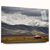Large abstract wall art depicting a serene Mongolian landscape in muted earth tones on acrylic glass.