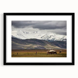 Extra large abstract art print featuring textured, colorful scenery of Mongolia on a framed black mat.
