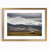 Extra large abstract art print depicting a textured Mongolian landscape in muted earth tones, framed in gold.