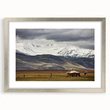 Textured art depicting an abstract Mongolian landscape in muted earth tones, framed with a silver mat.