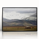 Large abstract wall art depicting a Mongolian landscape in muted earth tones on a framed acrylic.