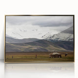 Framed acrylic print of a Mongolian landscape in muted earth tones, ideal for modern art wall decor.