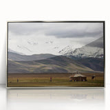 Mid-century modernist art depicting a serene Mongolian landscape in muted earth tones, framed acrylic print.