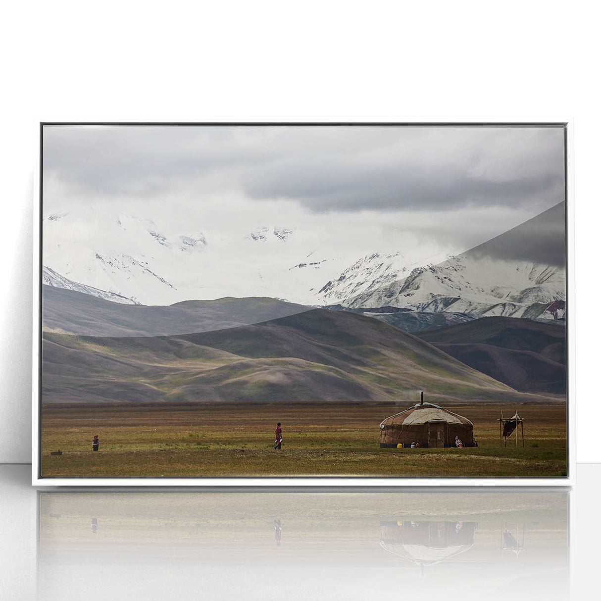 Art deco poster featuring a serene Mongolian landscape in muted earth tones on a framed acrylic.