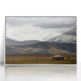 Art deco poster featuring a serene Mongolian landscape in muted earth tones on a framed acrylic.