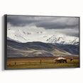 Black and white framed canvas of a Mongolian landscape, ideal for bedroom wall art.