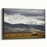 Black and white framed canvas of a Mongolian landscape, ideal for bedroom wall art.