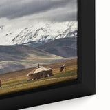Black wall art featuring a textured, colorful Mongolian landscape on a framed canvas, ideal for living room decor.