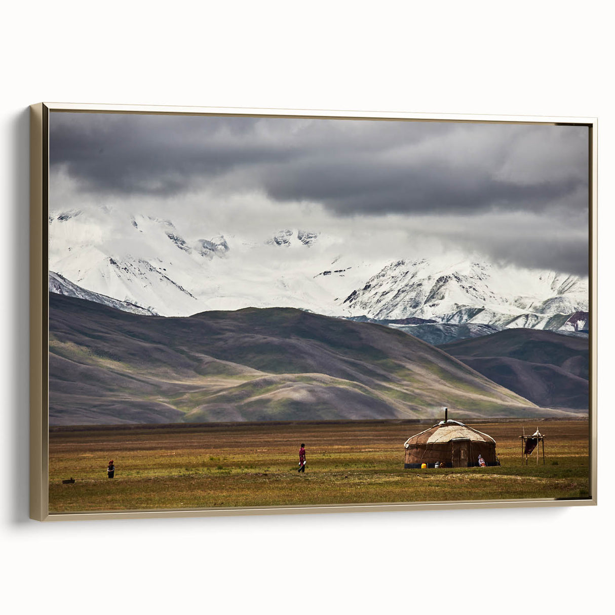 Framed canvas wall art depicting a vintage-style Mongolian landscape in muted gold and black tones, ideal for bedroom decor.