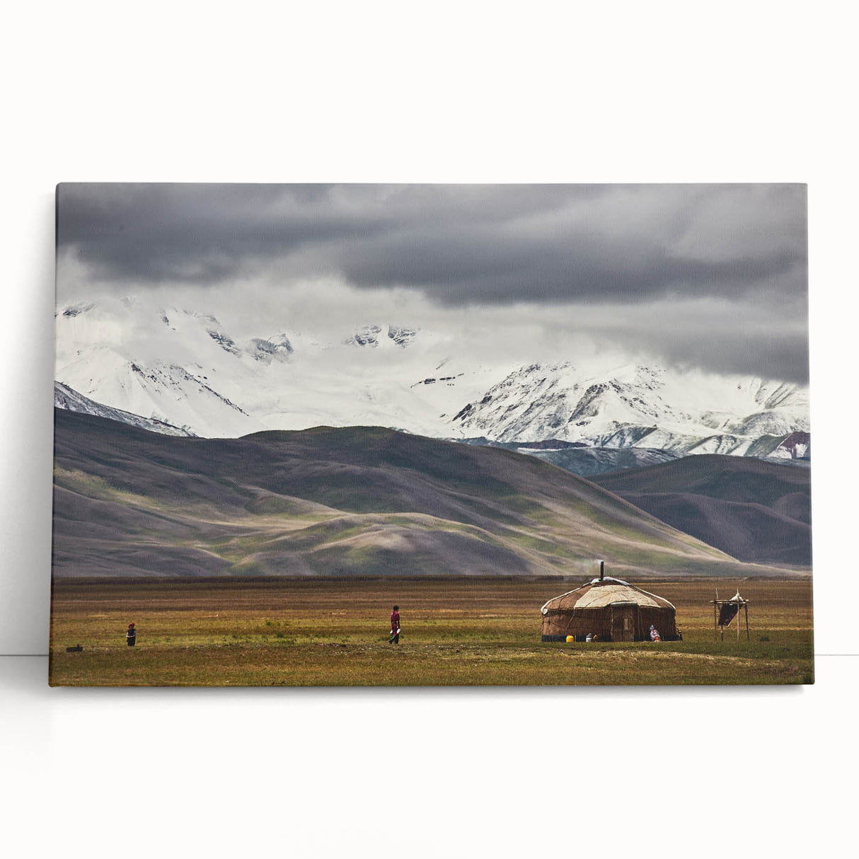 Black and white photograph of a Mongolian landscape on stretched canvas, ideal for kitchen wall art or bedroom decor.