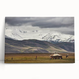Black and white photograph of a Mongolian landscape on stretched canvas, ideal for kitchen wall art or bedroom decor.
