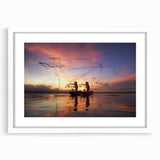 Abstract art print of a Myanmar landscape in muted earth tones on a framed white mat, suitable for dining room decor.