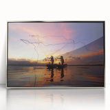 Mid-century modernist art depicting a serene Myanmar landscape in soft earth tones on a silver-framed acrylic print.