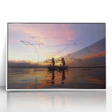 Art Deco-style poster of a Myanmar scenery in muted green and white tones, acrylic print framed.