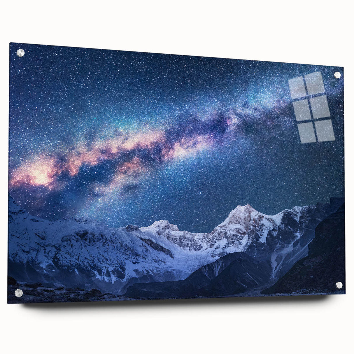 Acrylic glass print of Mount Everest, featuring cool blue and white tones, suitable for bedroom or dining room decor.