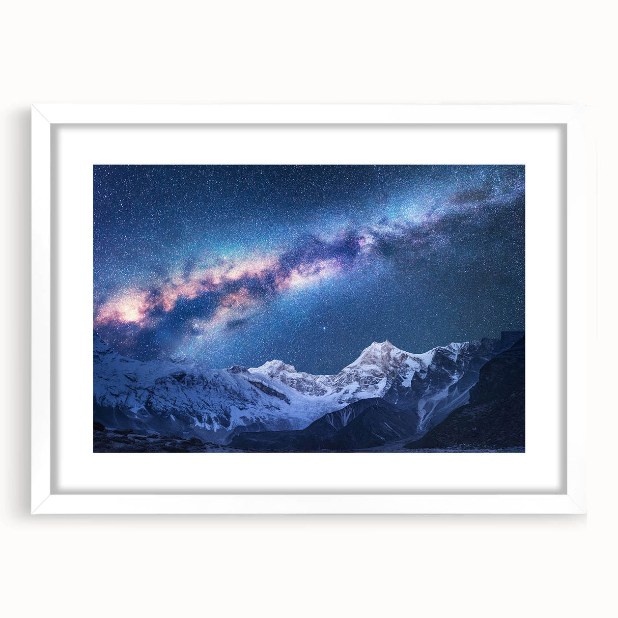 Abstract art print of Everest in muted earth tones on a white-matted frame, suitable for bedroom or dining room decor.