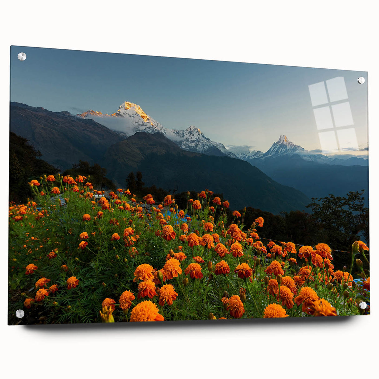 Large abstract wall art depicting an Asian landscape in muted earth tones on acrylic glass.