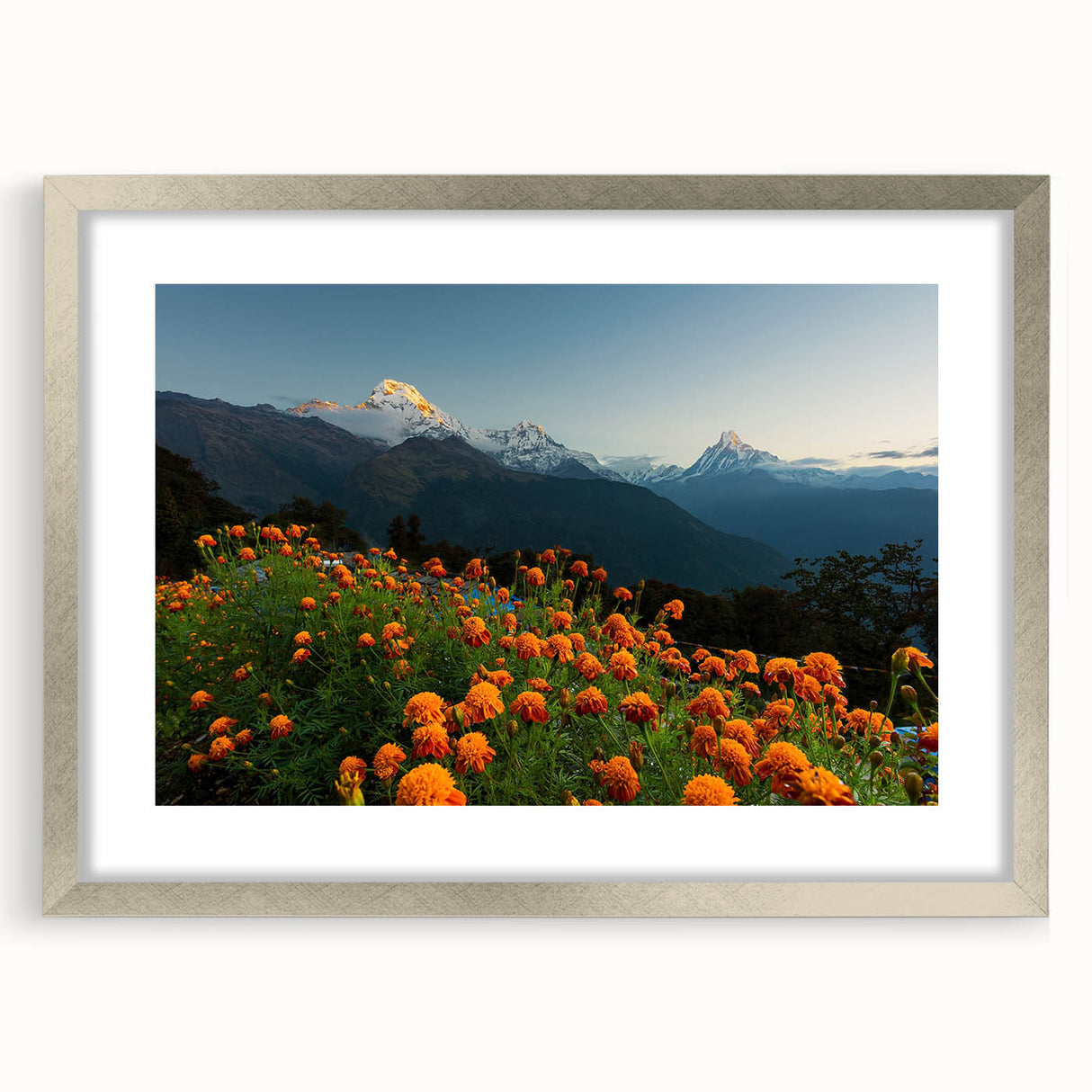 Textured art print of abstract Nepalese landscape in muted earth tones on a framed silver mat, ideal for bedroom wall decor.