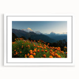 Abstract art print of a Nepalese landscape in muted earth tones on a framed white mat, ideal for dining room decor.