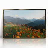 Mid-century modernist acrylic print of a serene Nepalese landscape in muted earth tones, framed in gold.