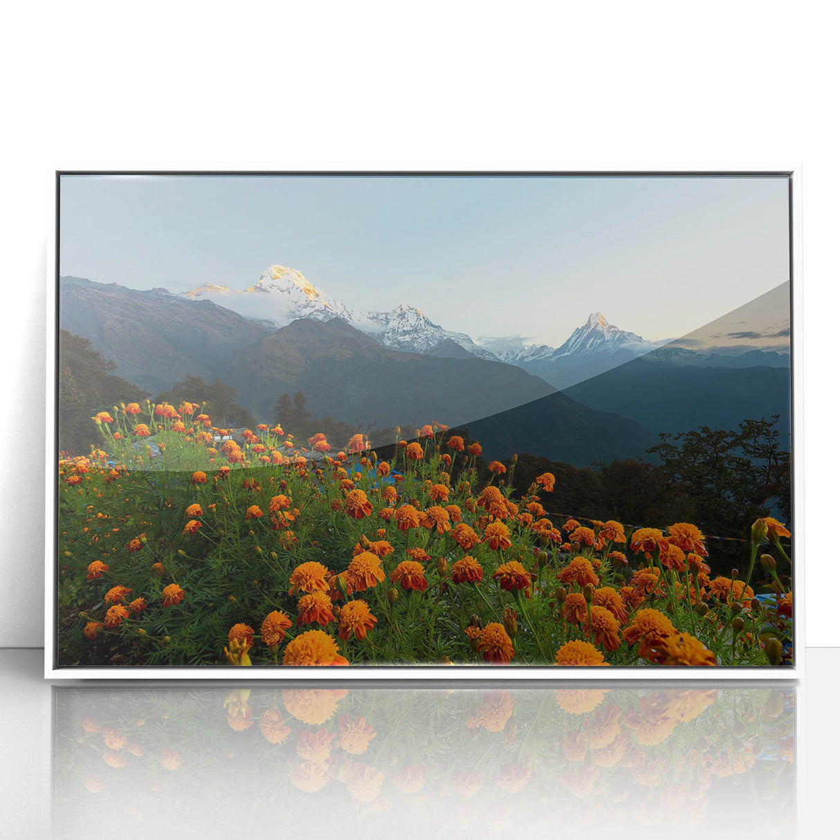 Framed acrylic print of a serene Nepalese landscape in soft pastel hues, ideal for modern nursery decor.