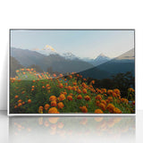 Framed acrylic print of a serene Nepalese landscape in soft pastel hues, ideal for modern nursery decor.