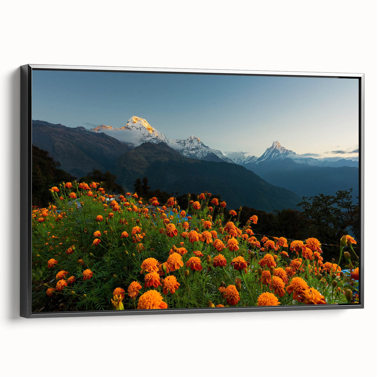 Black and white landscape art painting of a Nepalese scenery on framed canvas, suitable for bedroom decor.