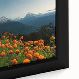 Extra large black wall art featuring a textured, colorful Nepalese scenery on framed canvas, ideal for living room decor.