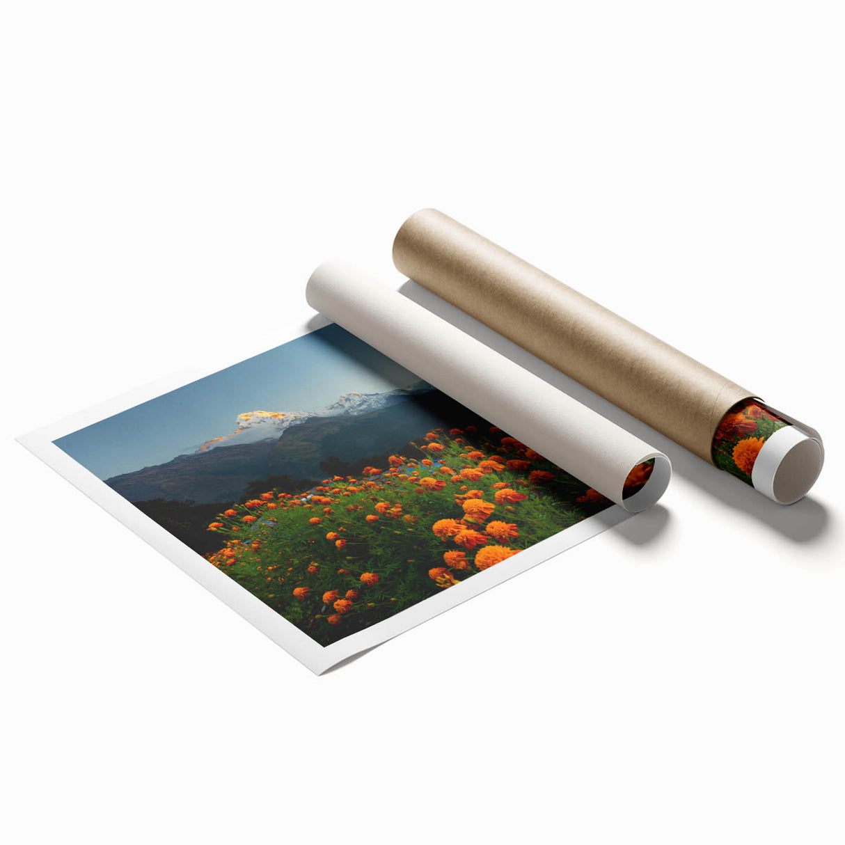 Extra large rolled print of a serene Nepalese landscape, featuring soft floral elements in pastel shades.