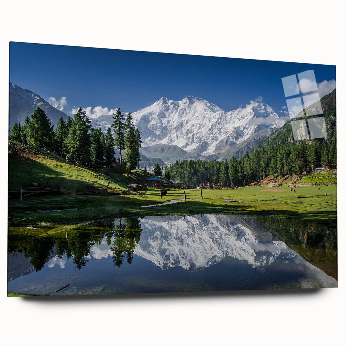 Large abstract wall art featuring a serene Pakistani landscape in muted earth tones on acrylic glass.
