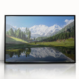 Large abstract wall art depicting a serene Pakistani landscape in muted earth tones, framed in black acrylic.