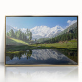 Large art print of a mid-century modernist Pakistani landscape in gold tones on framed acrylic.