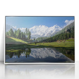 Acrylic print of a serene Pakistani landscape, featuring soft pastel colors and framed in white, ideal for nursery wall art.