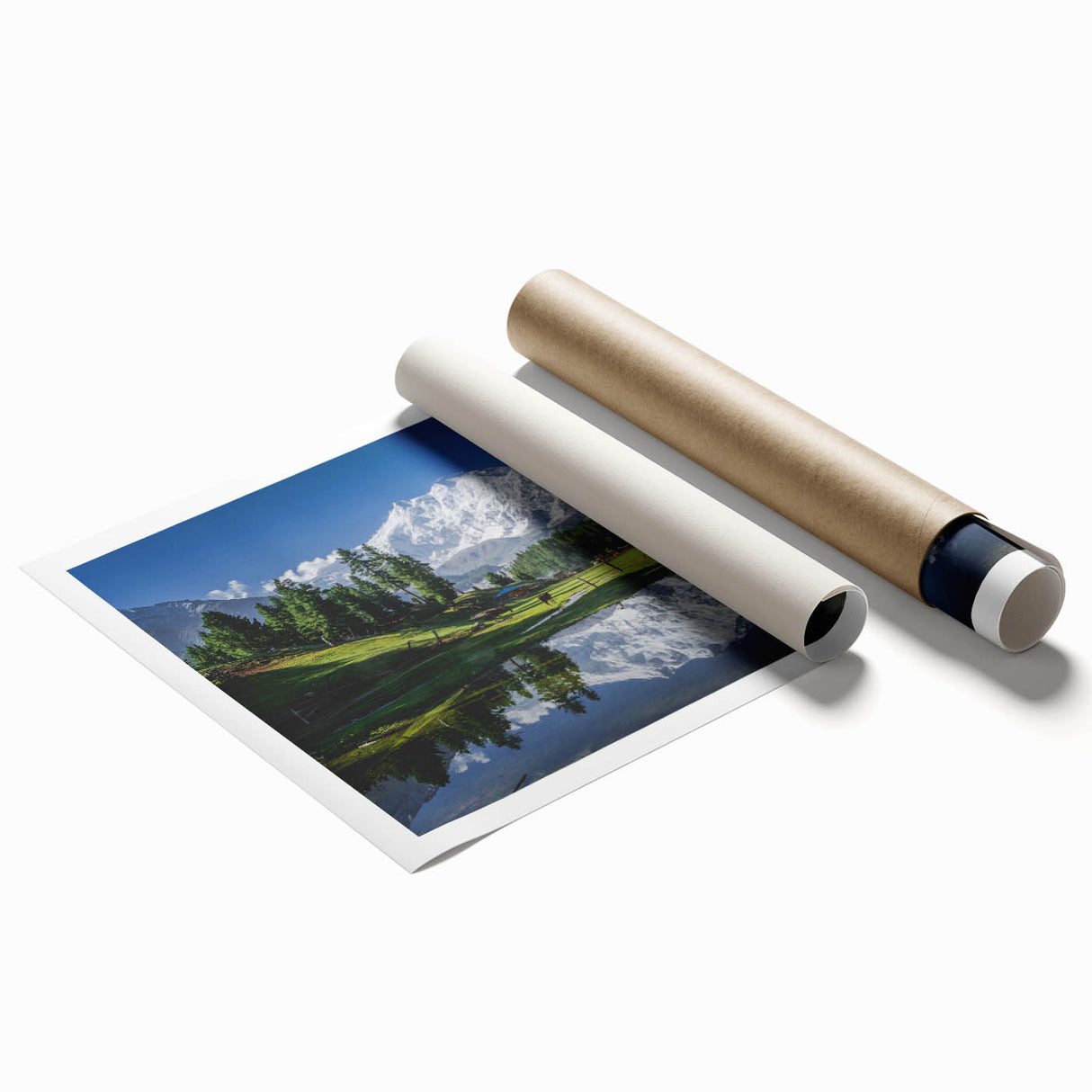 Extra large rolled print of a serene Pakistani landscape, featuring soft floral elements in muted earth tones.