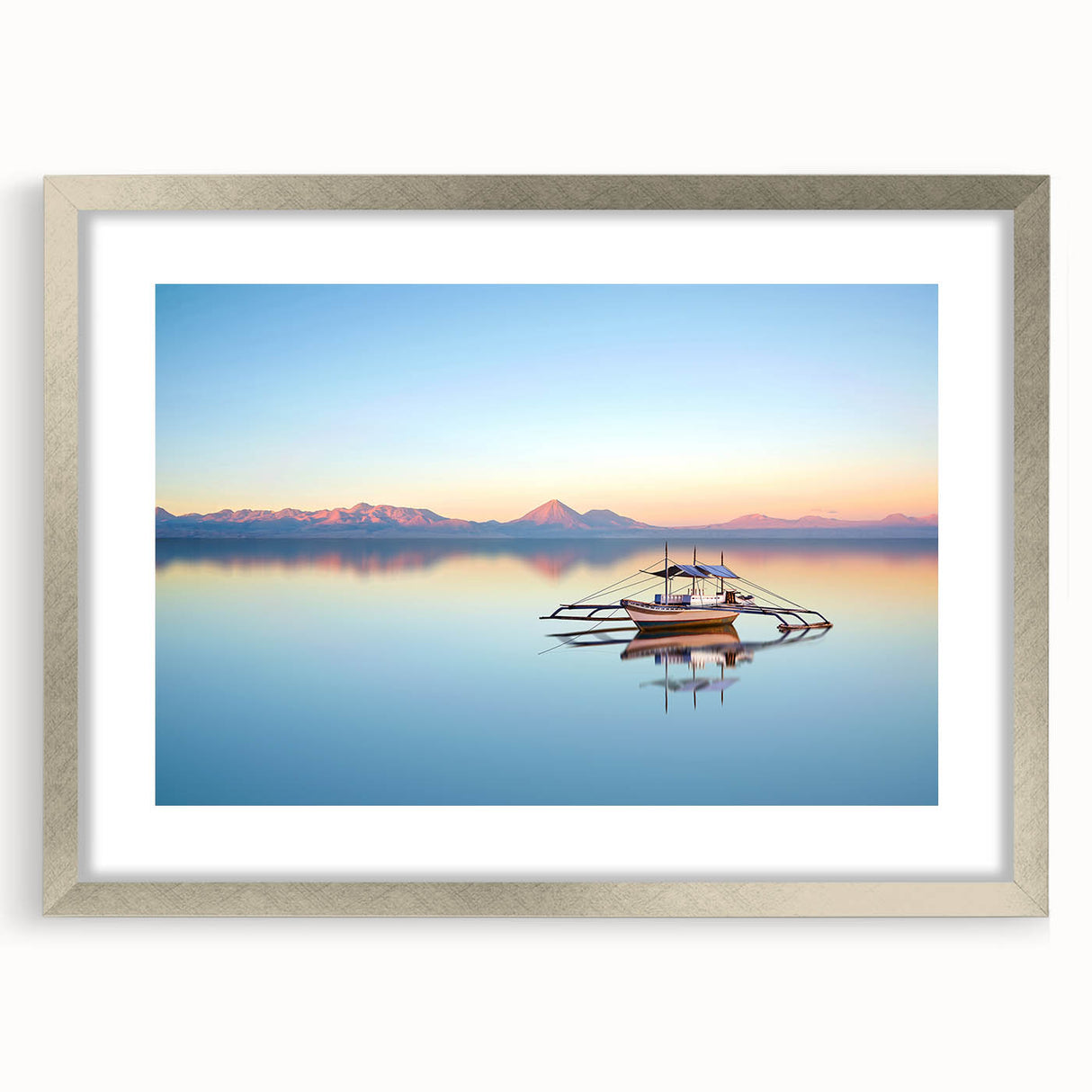 Textured abstract art print of a Philippine landscape in muted earth tones, framed in silver, suitable for bedroom decor.
