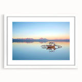 Abstract art print of a Philippine landscape in muted green and blue tones, framed with a white mat.