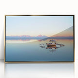 Mid-century modernist style large art print of a Philippine landscape in gold and green tones, framed in acrylic.