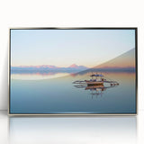 Mid-century modernist art depicting a serene Philippine landscape in soft pastel shades, acrylic print framed in silver.