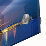 Large abstract depiction of Singapore skyline in muted gray and blue tones on acrylic glass, suitable for dining room art.