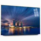 Large abstract wall art of Singapore's skyline in vibrant twilight hues on acrylic glass.