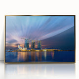 Large art print of Singapore skyline in acrylic, featuring gold tones, framed; suitable for modern art wall decor.
