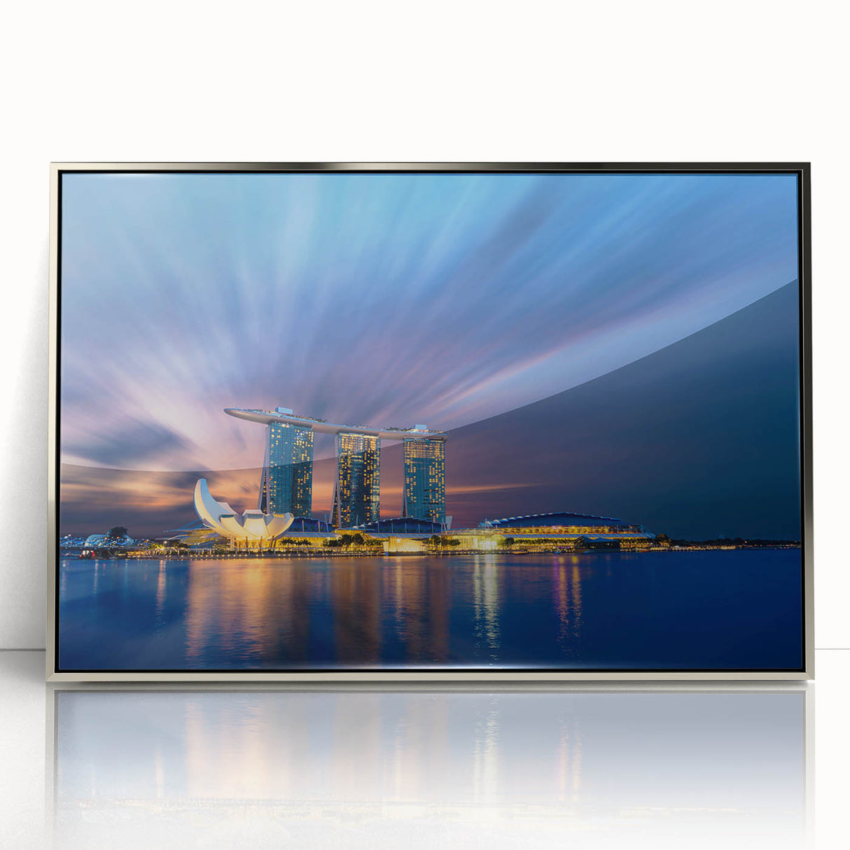 Mid-century modernist art of Singapore skyline in silver framed acrylic, suitable for modern art wall decor.