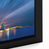 Extra large framed canvas of a textured Singapore skyline in black with colorful accents, ideal for living room decor.