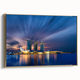 Framed canvas featuring a vintage-style landscape painting of the Singapore skyline in black and gold tones.