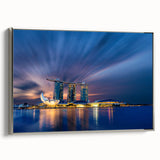 Framed canvas of a colorful Singapore landscape with vintage poster art style, ideal for modern living room decor.