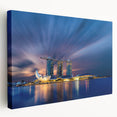 Side view of a stretched canvas featuring a realistic Singapore skyline in muted evening tones, ideal for kitchen wall art.