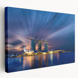 Side view of a stretched canvas featuring a realistic Singapore skyline in muted evening tones, ideal for kitchen wall art.
