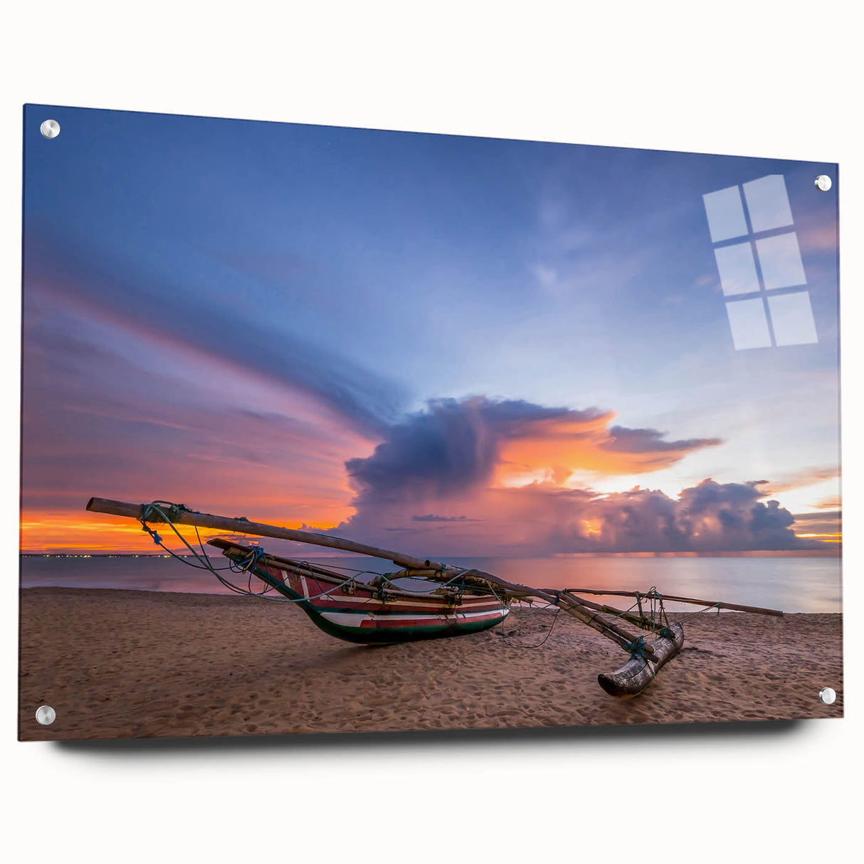 Acrylic print of a serene Sri Lankan landscape with lush greens and soft blues, suitable for bedroom or dining room decor.