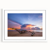 Abstract art print of a Sri Lankan landscape in soft pastel shades on a framed white mat, ideal for dining room decor.